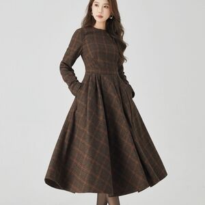 Vintage Style Wool Plaid Brown Dress